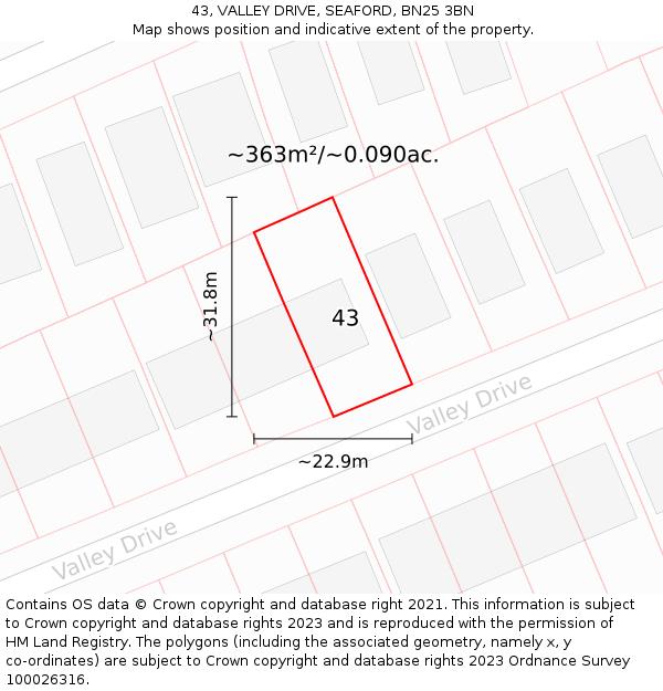 43, VALLEY DRIVE, SEAFORD, BN25 3BN: Plot and title map