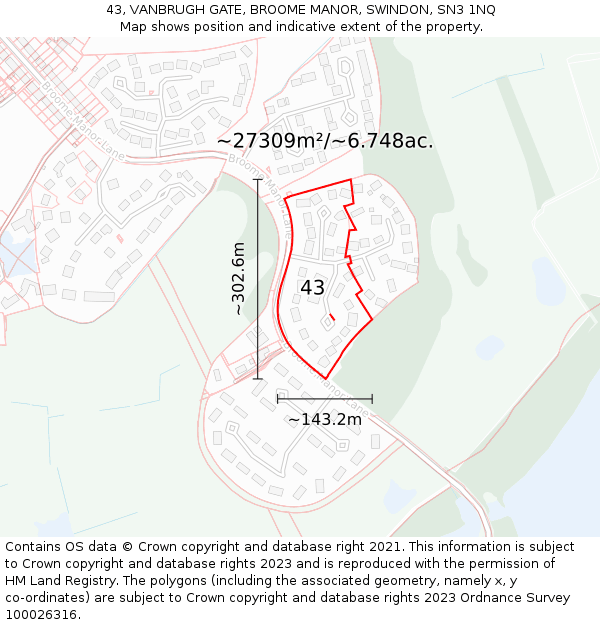 43, VANBRUGH GATE, BROOME MANOR, SWINDON, SN3 1NQ: Plot and title map