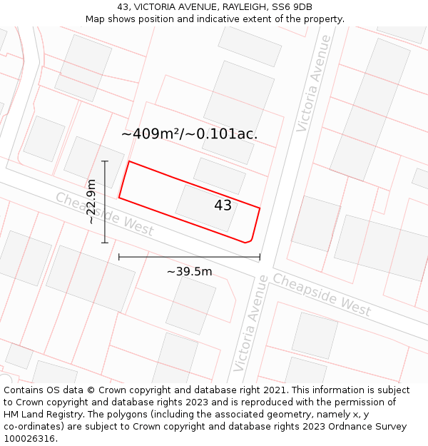 43, VICTORIA AVENUE, RAYLEIGH, SS6 9DB: Plot and title map