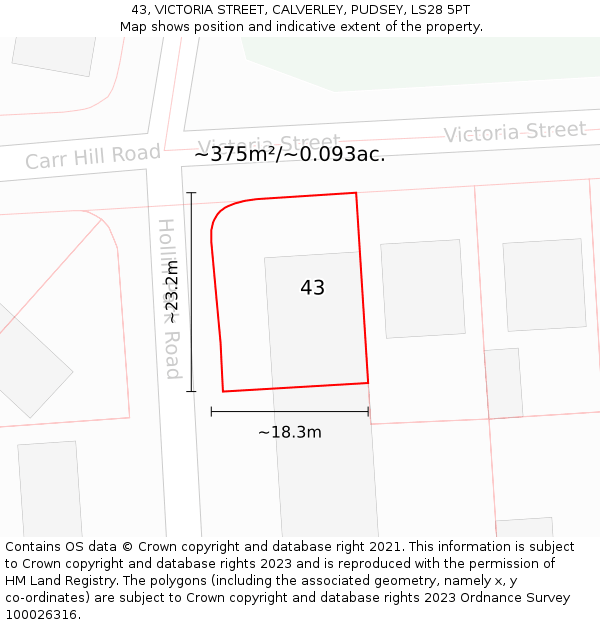 43, VICTORIA STREET, CALVERLEY, PUDSEY, LS28 5PT: Plot and title map