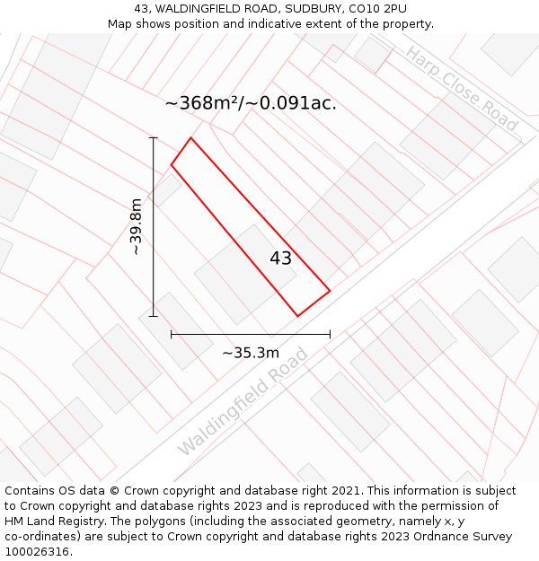 43, WALDINGFIELD ROAD, SUDBURY, CO10 2PU: Plot and title map