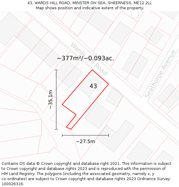 43, WARDS HILL ROAD, MINSTER ON SEA, SHEERNESS, ME12 2LL: Plot and title map