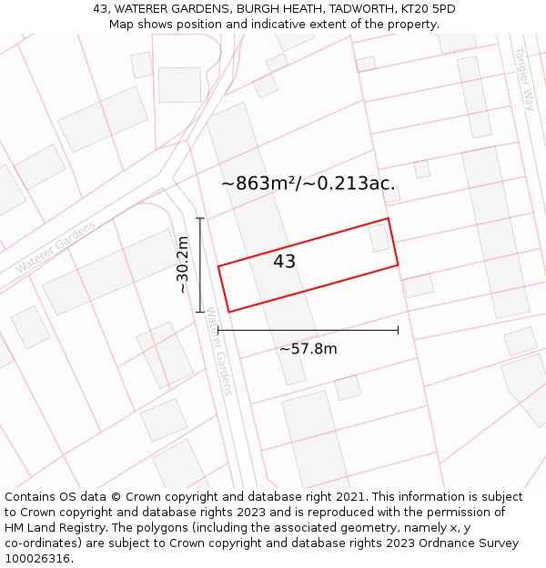 43, WATERER GARDENS, BURGH HEATH, TADWORTH, KT20 5PD: Plot and title map
