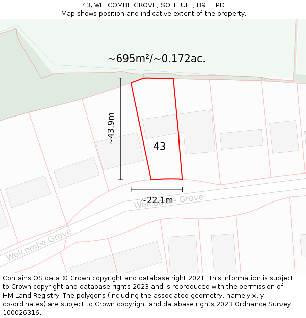 43, WELCOMBE GROVE, SOLIHULL, B91 1PD: Plot and title map