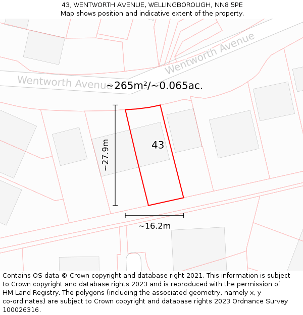 43, WENTWORTH AVENUE, WELLINGBOROUGH, NN8 5PE: Plot and title map