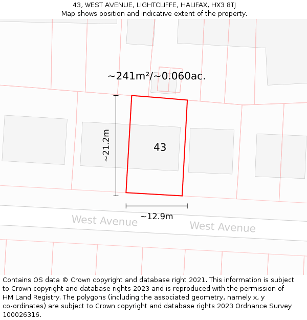 43, WEST AVENUE, LIGHTCLIFFE, HALIFAX, HX3 8TJ: Plot and title map