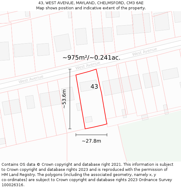 43, WEST AVENUE, MAYLAND, CHELMSFORD, CM3 6AE: Plot and title map