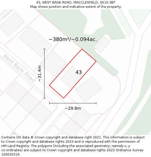 43, WEST BANK ROAD, MACCLESFIELD, SK10 3BT: Plot and title map