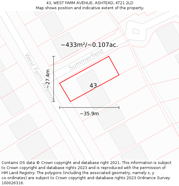 43, WEST FARM AVENUE, ASHTEAD, KT21 2LD: Plot and title map