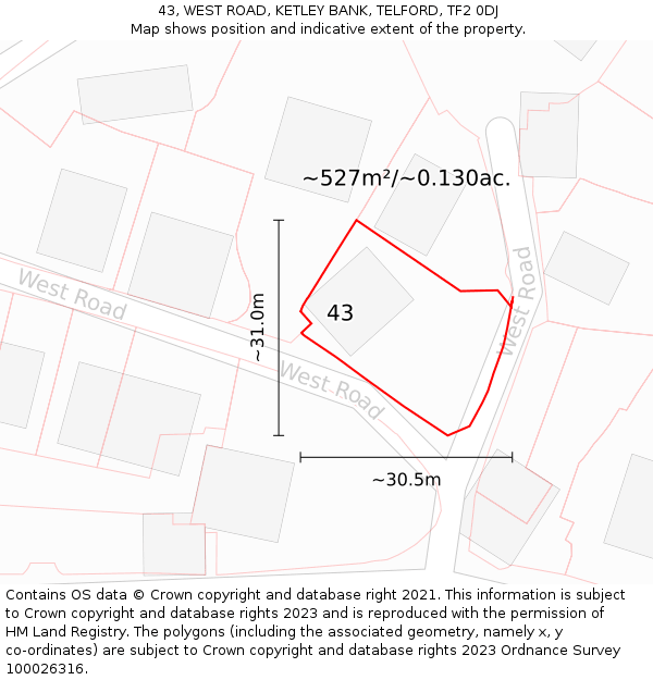 43, WEST ROAD, KETLEY BANK, TELFORD, TF2 0DJ: Plot and title map