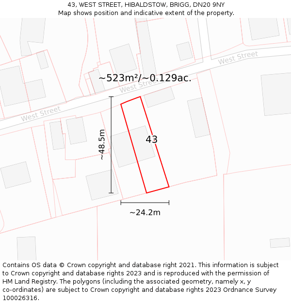 43, WEST STREET, HIBALDSTOW, BRIGG, DN20 9NY: Plot and title map