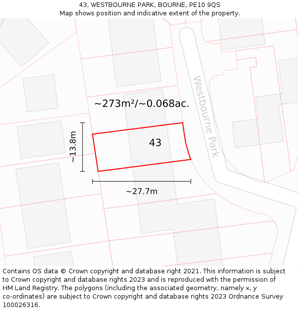 43, WESTBOURNE PARK, BOURNE, PE10 9QS: Plot and title map