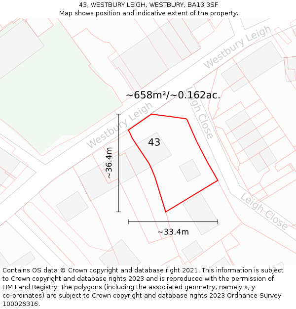 43, WESTBURY LEIGH, WESTBURY, BA13 3SF: Plot and title map