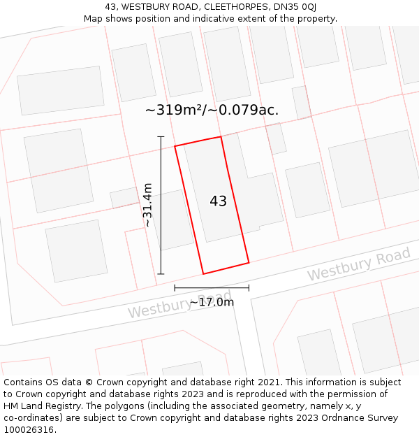 43, WESTBURY ROAD, CLEETHORPES, DN35 0QJ: Plot and title map