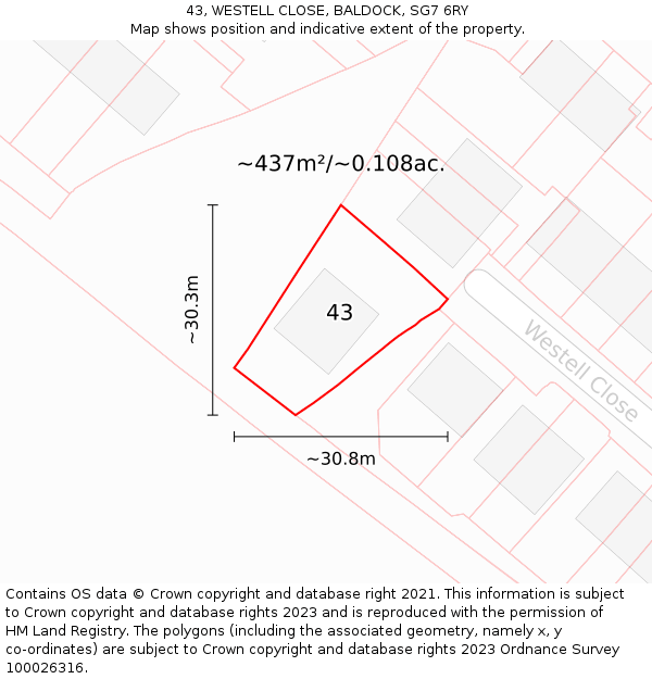 43, WESTELL CLOSE, BALDOCK, SG7 6RY: Plot and title map