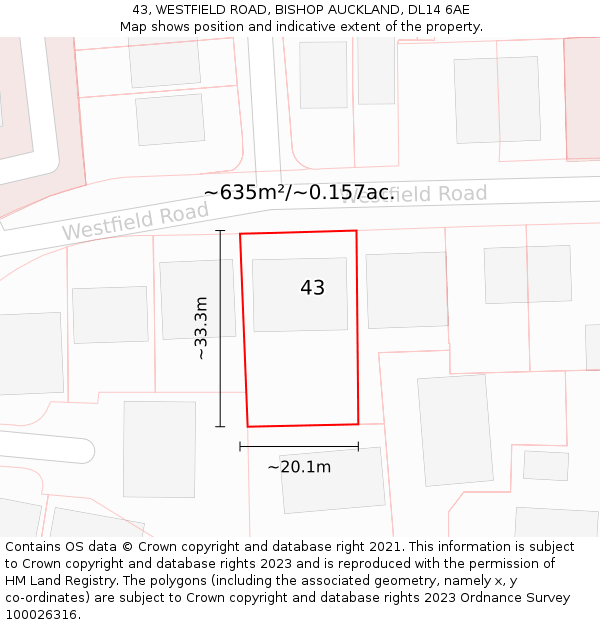 43, WESTFIELD ROAD, BISHOP AUCKLAND, DL14 6AE: Plot and title map