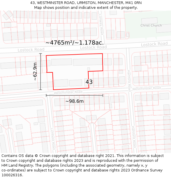 43, WESTMINSTER ROAD, URMSTON, MANCHESTER, M41 0RN: Plot and title map