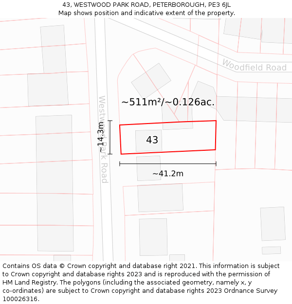 43, WESTWOOD PARK ROAD, PETERBOROUGH, PE3 6JL: Plot and title map