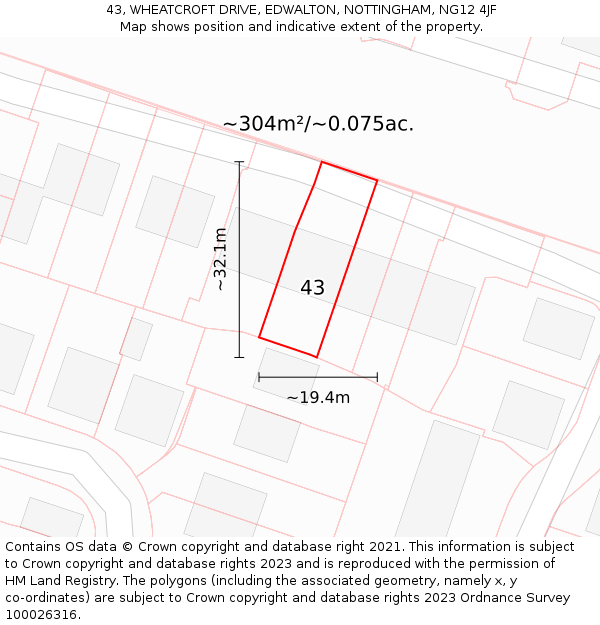 43, WHEATCROFT DRIVE, EDWALTON, NOTTINGHAM, NG12 4JF: Plot and title map