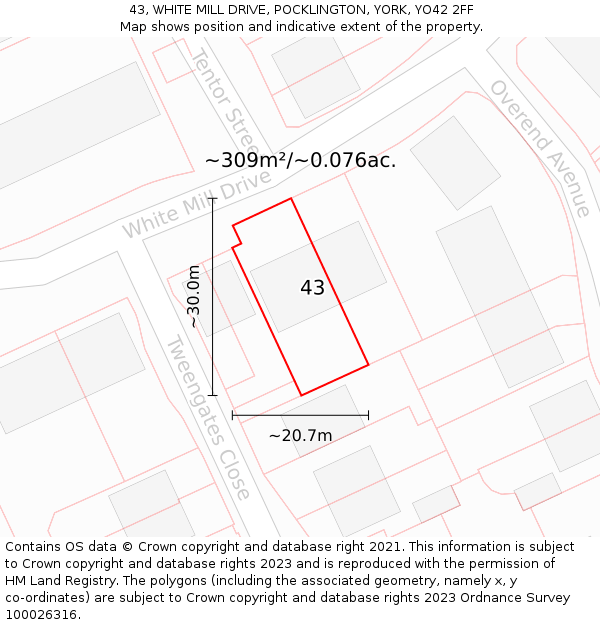 43, WHITE MILL DRIVE, POCKLINGTON, YORK, YO42 2FF: Plot and title map