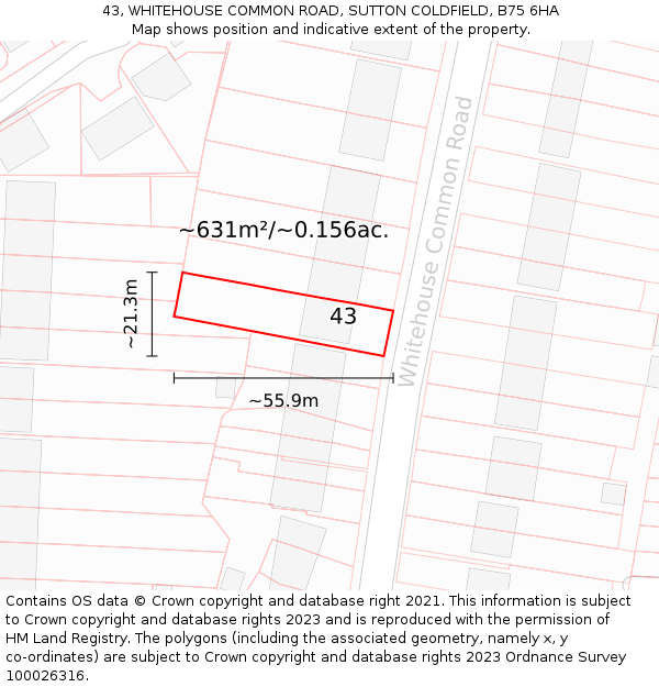 43, WHITEHOUSE COMMON ROAD, SUTTON COLDFIELD, B75 6HA: Plot and title map