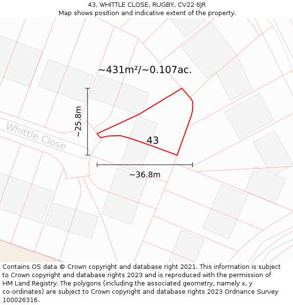 43, WHITTLE CLOSE, RUGBY, CV22 6JR: Plot and title map