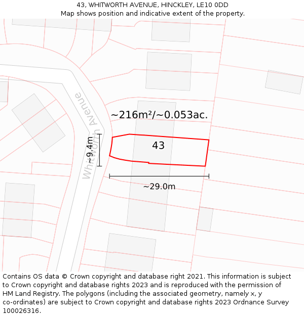 43, WHITWORTH AVENUE, HINCKLEY, LE10 0DD: Plot and title map
