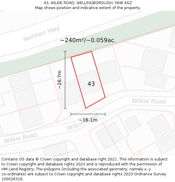 43, WILKIE ROAD, WELLINGBOROUGH, NN8 4SZ: Plot and title map