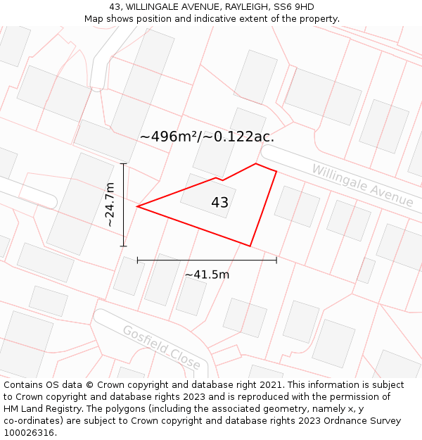 43, WILLINGALE AVENUE, RAYLEIGH, SS6 9HD: Plot and title map