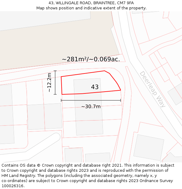 43, WILLINGALE ROAD, BRAINTREE, CM7 9FA: Plot and title map