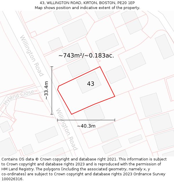 43, WILLINGTON ROAD, KIRTON, BOSTON, PE20 1EP: Plot and title map