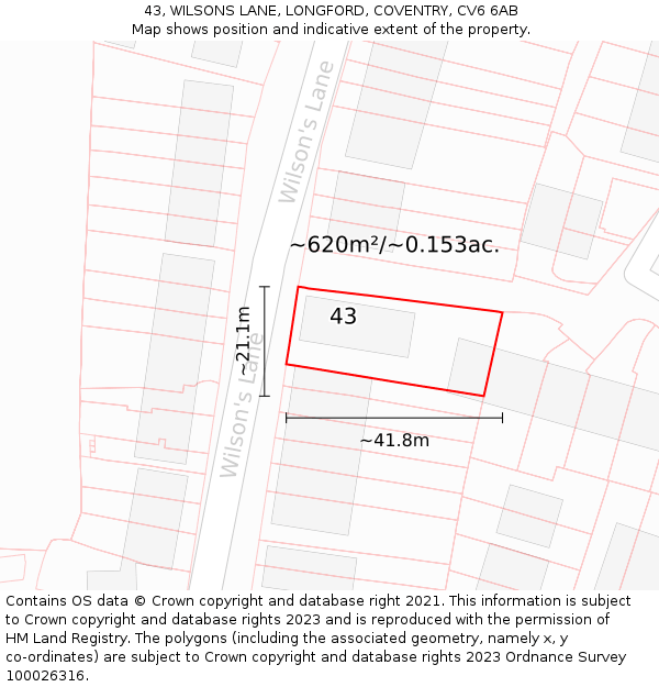 43, WILSONS LANE, LONGFORD, COVENTRY, CV6 6AB: Plot and title map