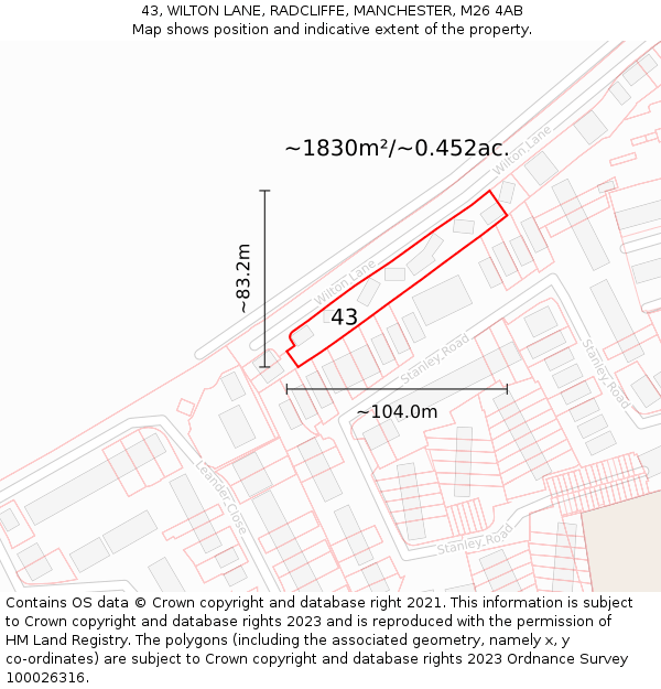 43, WILTON LANE, RADCLIFFE, MANCHESTER, M26 4AB: Plot and title map