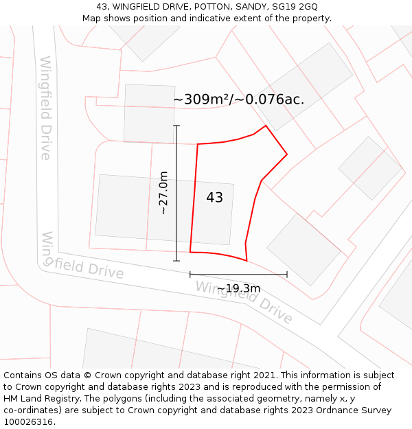 43, WINGFIELD DRIVE, POTTON, SANDY, SG19 2GQ: Plot and title map