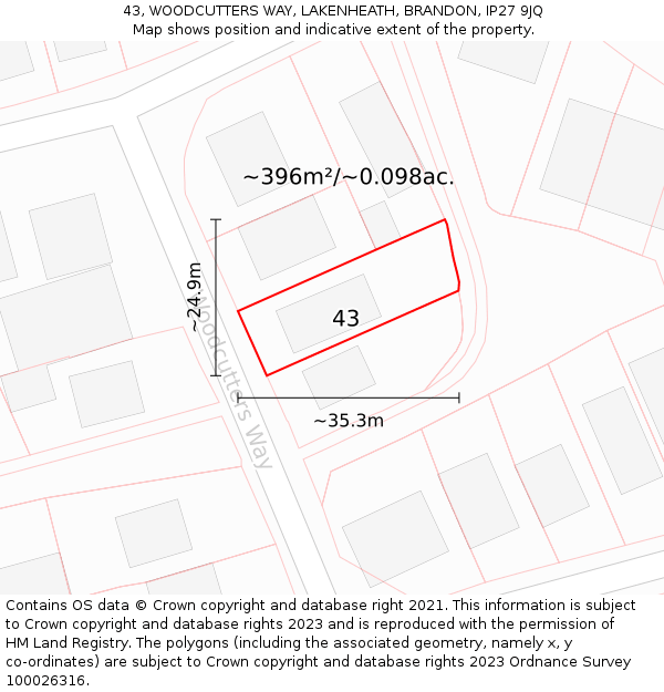 43, WOODCUTTERS WAY, LAKENHEATH, BRANDON, IP27 9JQ: Plot and title map