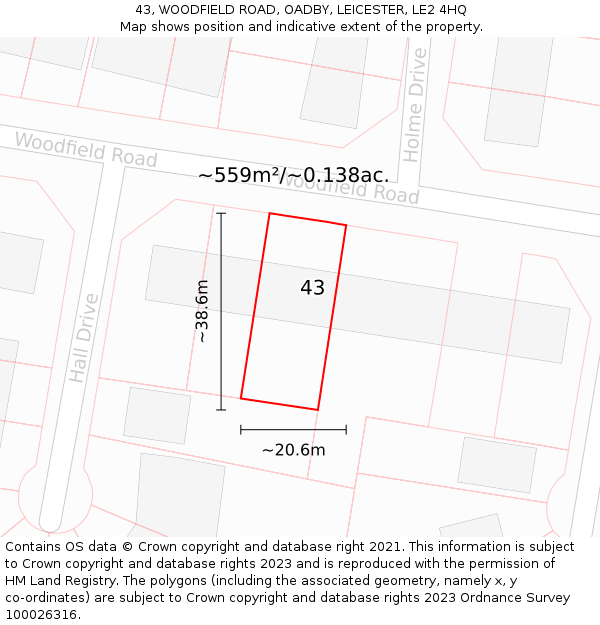 43, WOODFIELD ROAD, OADBY, LEICESTER, LE2 4HQ: Plot and title map