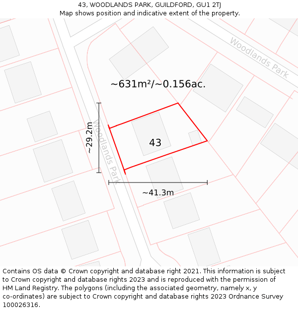 43, WOODLANDS PARK, GUILDFORD, GU1 2TJ: Plot and title map