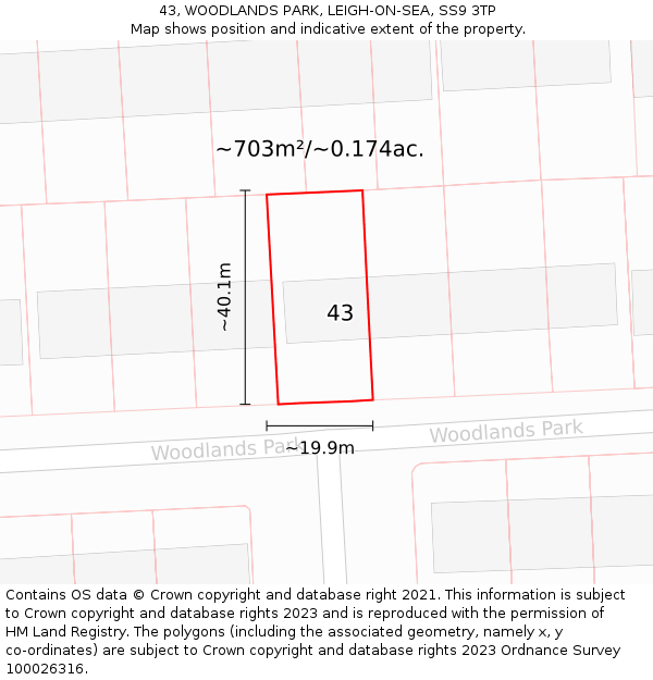 43, WOODLANDS PARK, LEIGH-ON-SEA, SS9 3TP: Plot and title map