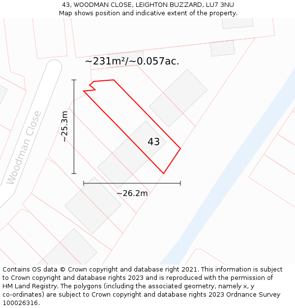 43, WOODMAN CLOSE, LEIGHTON BUZZARD, LU7 3NU: Plot and title map