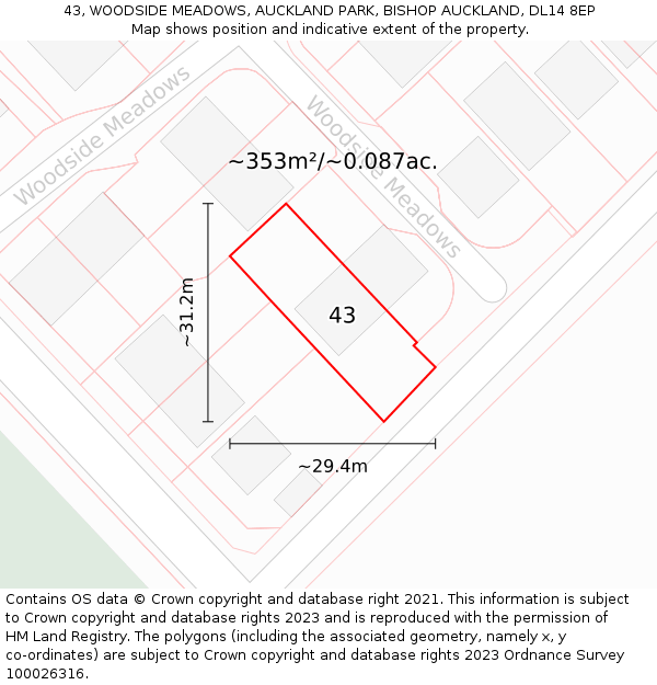 43, WOODSIDE MEADOWS, AUCKLAND PARK, BISHOP AUCKLAND, DL14 8EP: Plot and title map