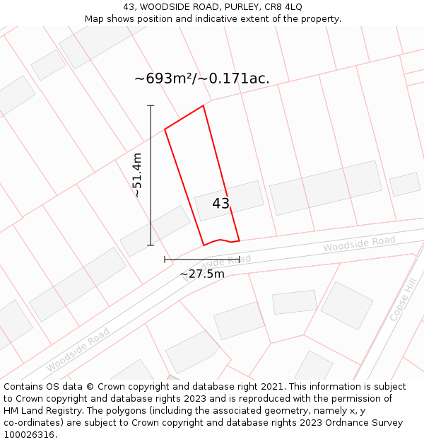 43, WOODSIDE ROAD, PURLEY, CR8 4LQ: Plot and title map