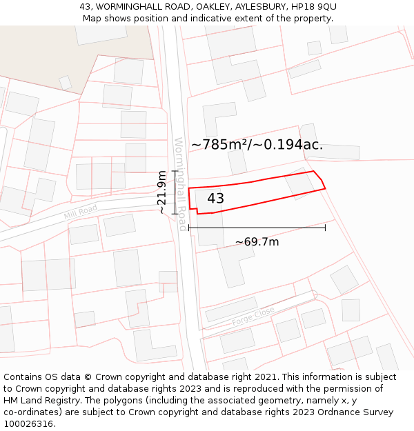 43, WORMINGHALL ROAD, OAKLEY, AYLESBURY, HP18 9QU: Plot and title map