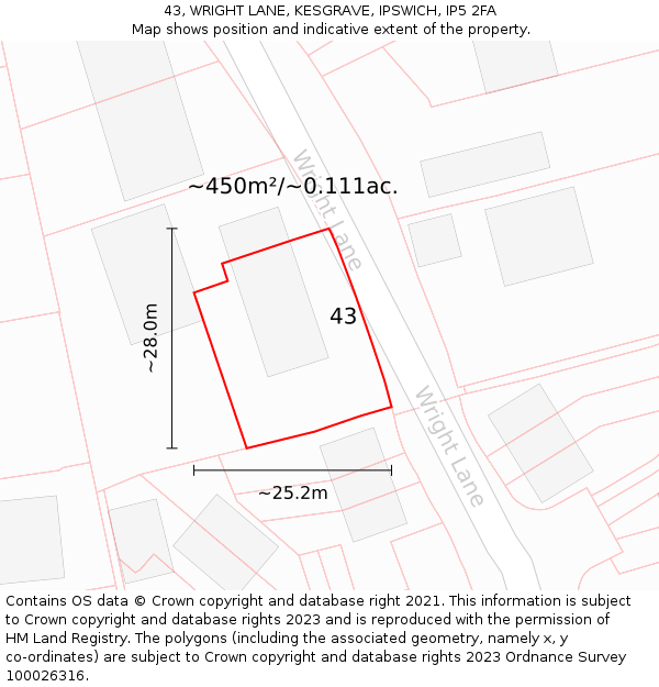 43, WRIGHT LANE, KESGRAVE, IPSWICH, IP5 2FA: Plot and title map