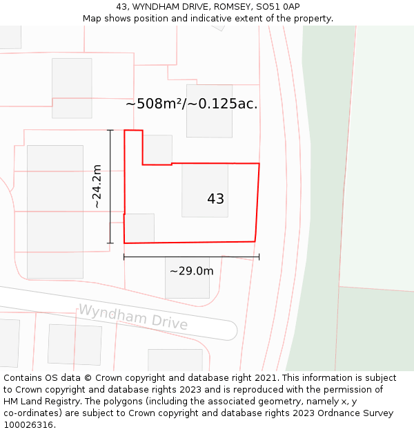 43, WYNDHAM DRIVE, ROMSEY, SO51 0AP: Plot and title map