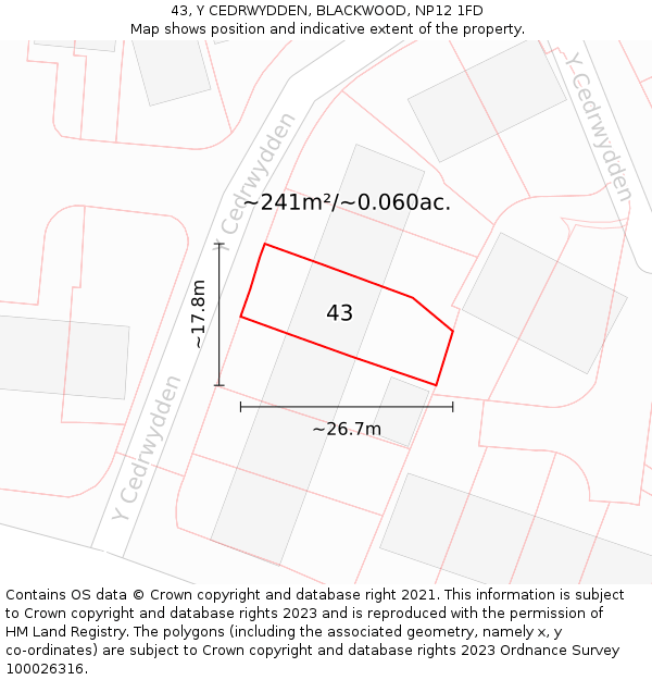 43, Y CEDRWYDDEN, BLACKWOOD, NP12 1FD: Plot and title map