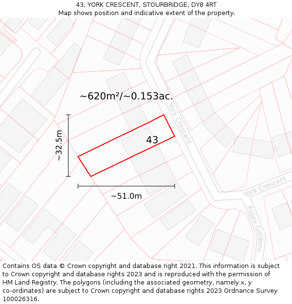 43, YORK CRESCENT, STOURBRIDGE, DY8 4RT: Plot and title map