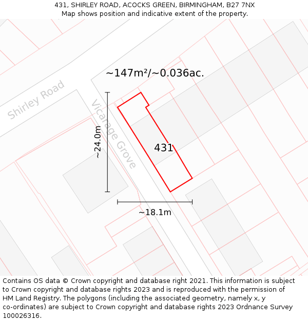 431, SHIRLEY ROAD, ACOCKS GREEN, BIRMINGHAM, B27 7NX: Plot and title map