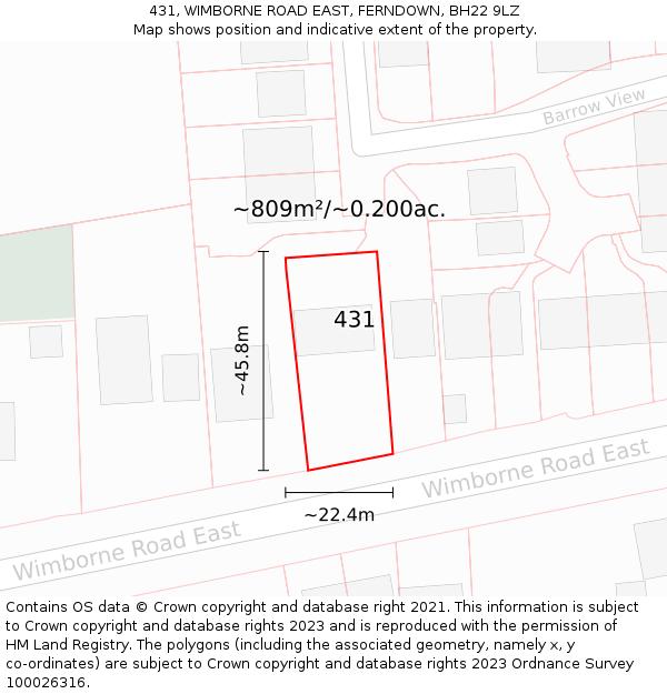 431, WIMBORNE ROAD EAST, FERNDOWN, BH22 9LZ: Plot and title map