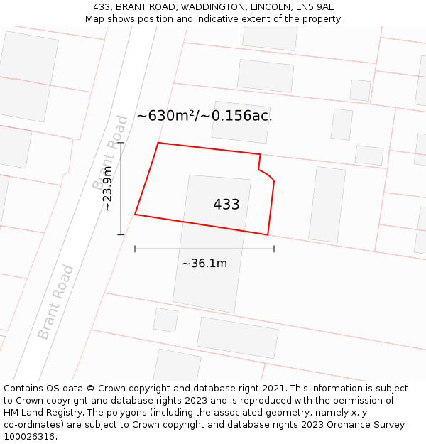 433, BRANT ROAD, WADDINGTON, LINCOLN, LN5 9AL: Plot and title map