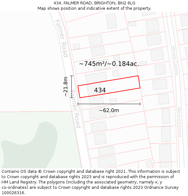 434, FALMER ROAD, BRIGHTON, BN2 6LG: Plot and title map